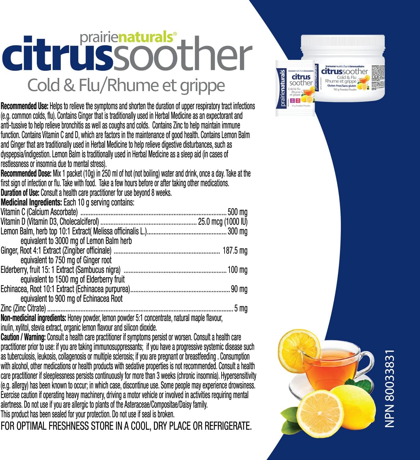 Prairie Naturals 柑橘舒缓感冒和流感热饮，增强免疫力，含接骨木果、锌、维生素 D 和 C 以及柠檬香蜂草 - 10 克 x 30 包