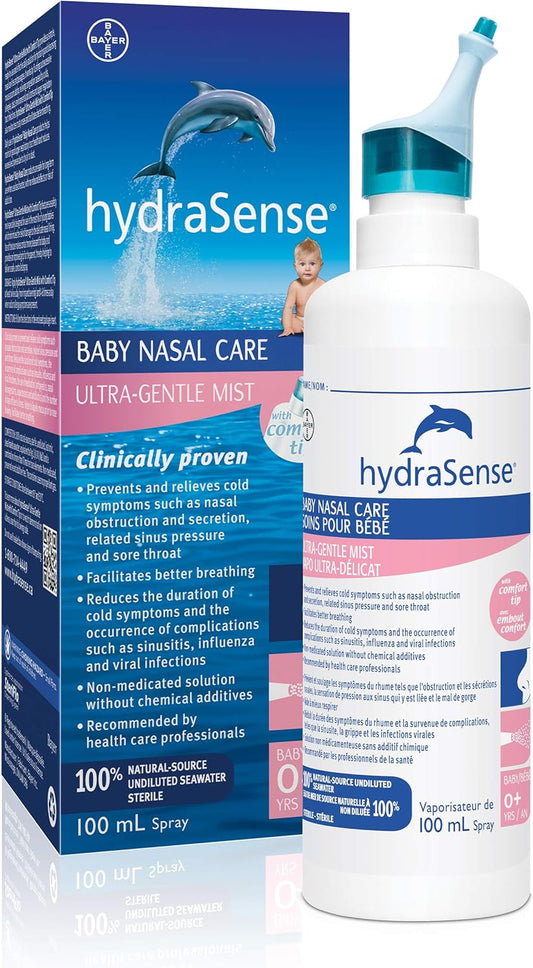 HydraSense 超温和喷雾鼻腔喷雾，婴儿鼻腔护理和温和喷雾鼻腔喷雾，日常鼻腔护理，100% 天然海水，不含防腐剂，100 毫升