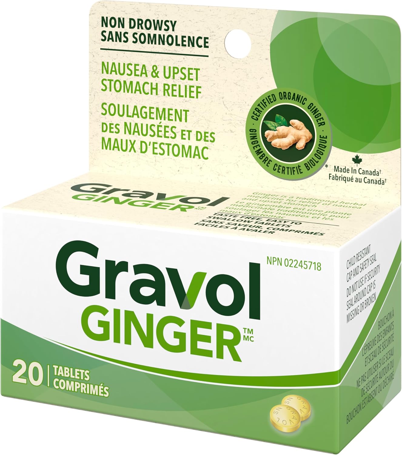 Gravol 生薑 - 抗噁心和緩解胃部不適，含有機生薑提取物 - 加拿大製造 - 不引起困倦、無味且易於吞嚥 - 20 片（1 包）