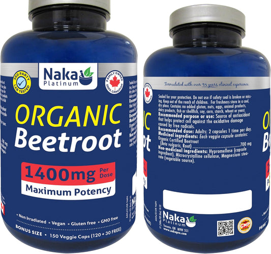 Naka Organic Beetroot, 1400mg per dose, Maximum Potency, Made in Canada (120+30 FREE) (150 vcaps)