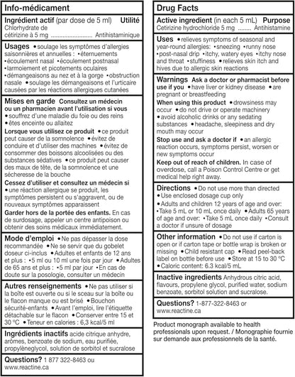 Reactine Liquid Allergy Medicine - For Itchy Eyes, Hives, Runny Nose - 24 Hour Allergy Relief - White Grape Flavour, 118 mL