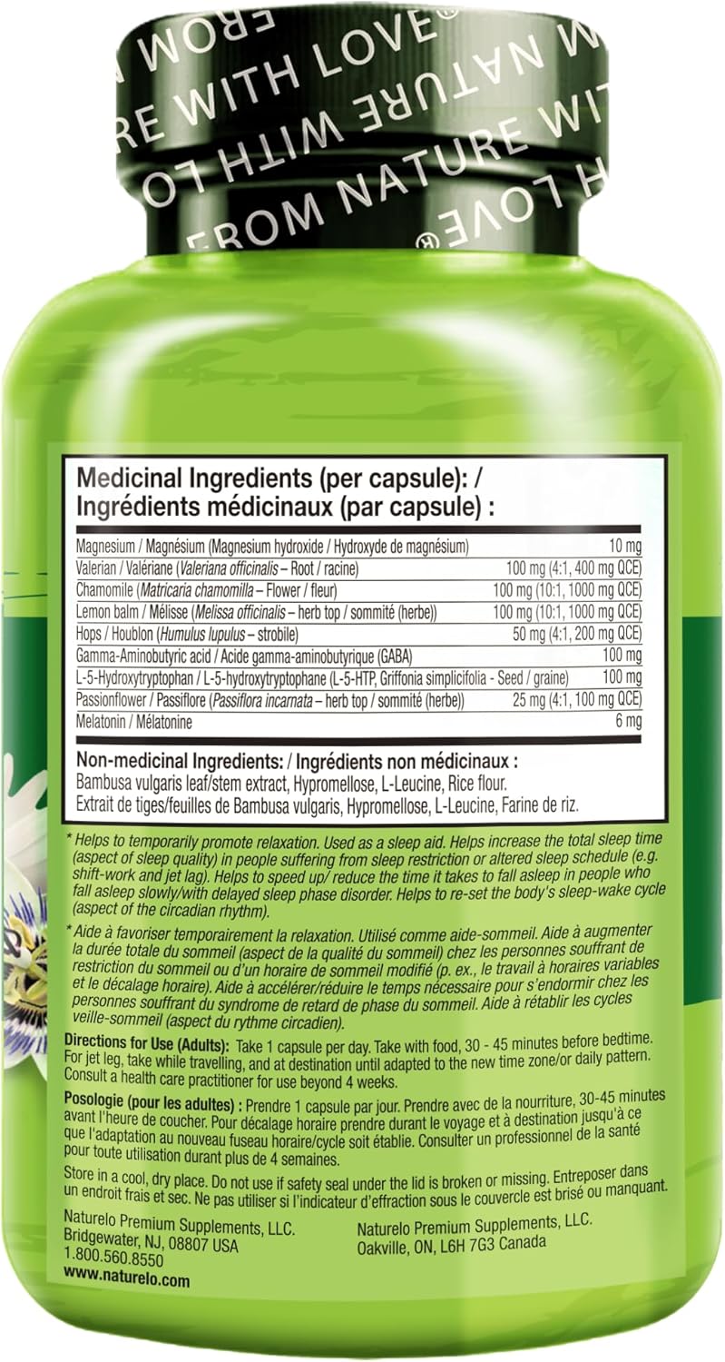 NATURELO 助眠膠囊 - 含褪黑激素、鎂、GABA、纈草根、檸檬香蜂草、洋甘菊草本萃取 - 植物性助眠膠囊 - 60 粒素食膠囊