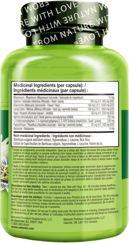 NATURELO 助眠膠囊 - 含褪黑激素、鎂、GABA、纈草根、檸檬香蜂草、洋甘菊草本萃取 - 植物性助眠膠囊 - 60 粒素食膠囊