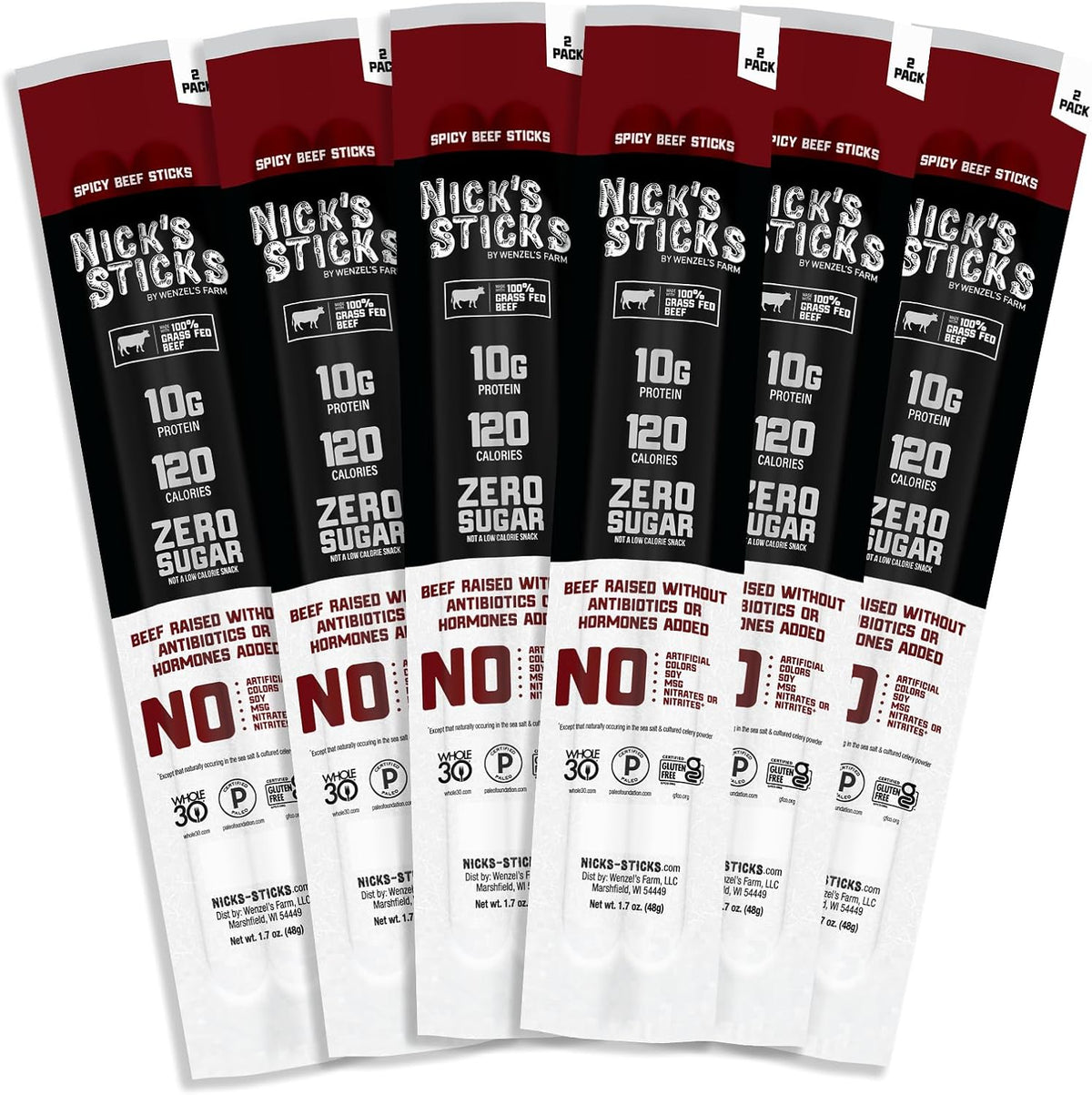 Nick's Sticks Spicy 100% Grass-Fed Beef Snack Sticks - Gluten Free - No Antibiotics or Hormones (6 Packages of 2 Sticks)