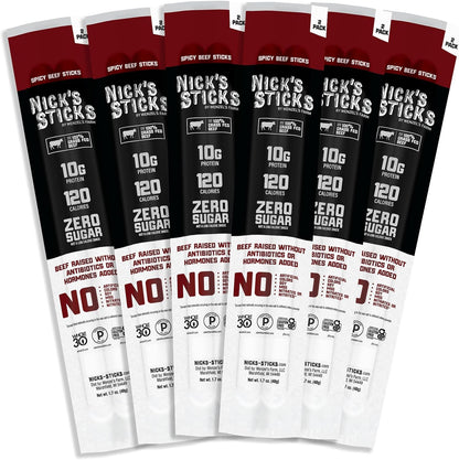 Nick's Sticks Spicy 100% Grass-Fed Beef Snack Sticks - Gluten Free - No Antibiotics or Hormones (6 Packages of 2 Sticks)