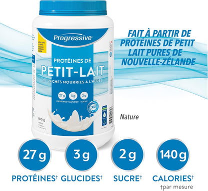 Progressive Grass-Fed 100% Whey Protein Powder Unflavoured, 27g of New Zealand Whey Concentrate per Scoop for Muscle Gain, Pasture-Raised, Non-GMO, Canadian-Made Antibiotic-free, Hormone-free, 850 g