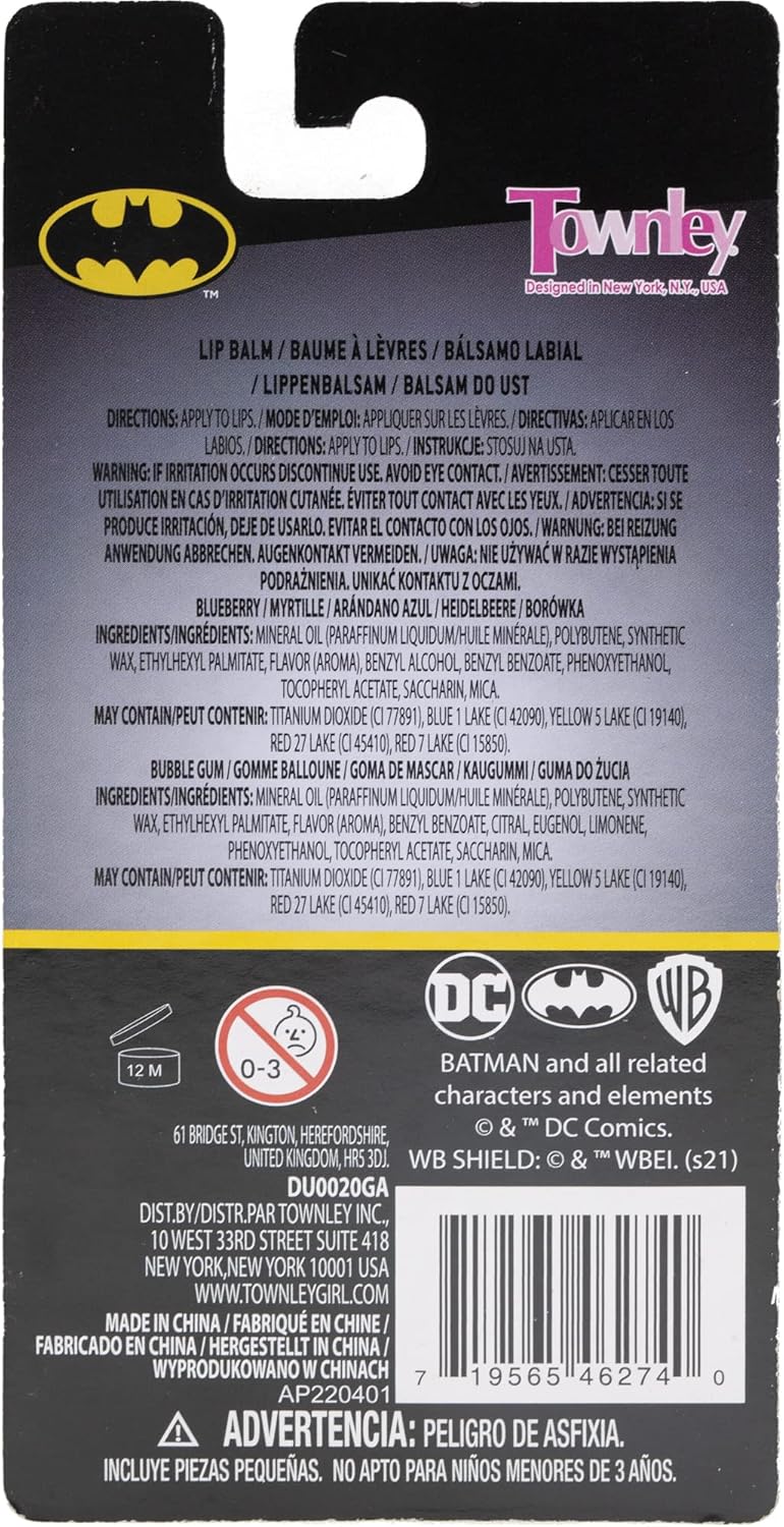 DC Comics – Townley Girl 2 件組無毒可水洗蝙蝠俠印花口味潤唇膏套裝，適合 3 歲以上兒童、青少年女孩，非常適合派對、過夜和化妝