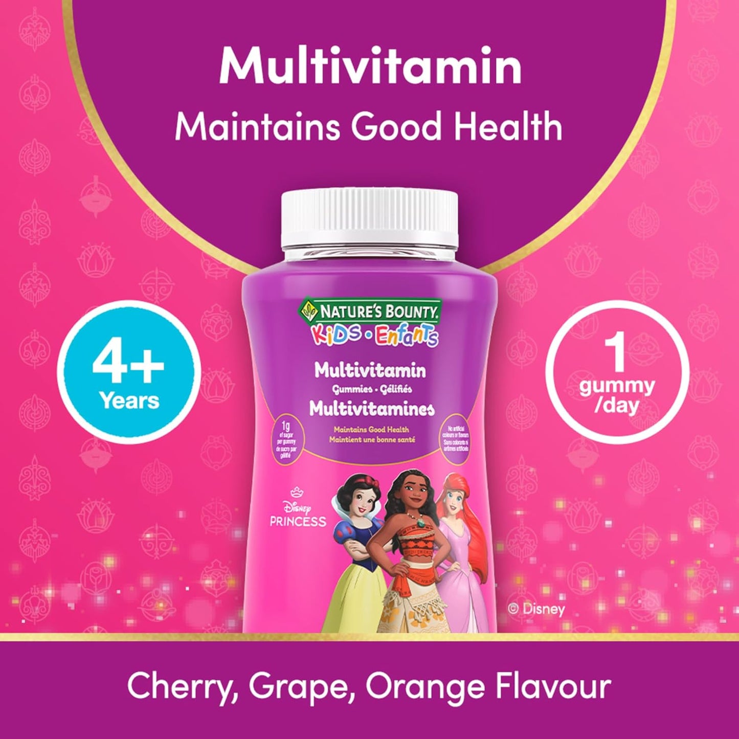 自然之宝儿童复合维生素，迪士尼公主口味，每粒软糖仅含 1 克糖，支持免疫系统、眼部健康、骨骼和牙齿，抗氧化剂来源，无麸质，水果味软糖，150 粒