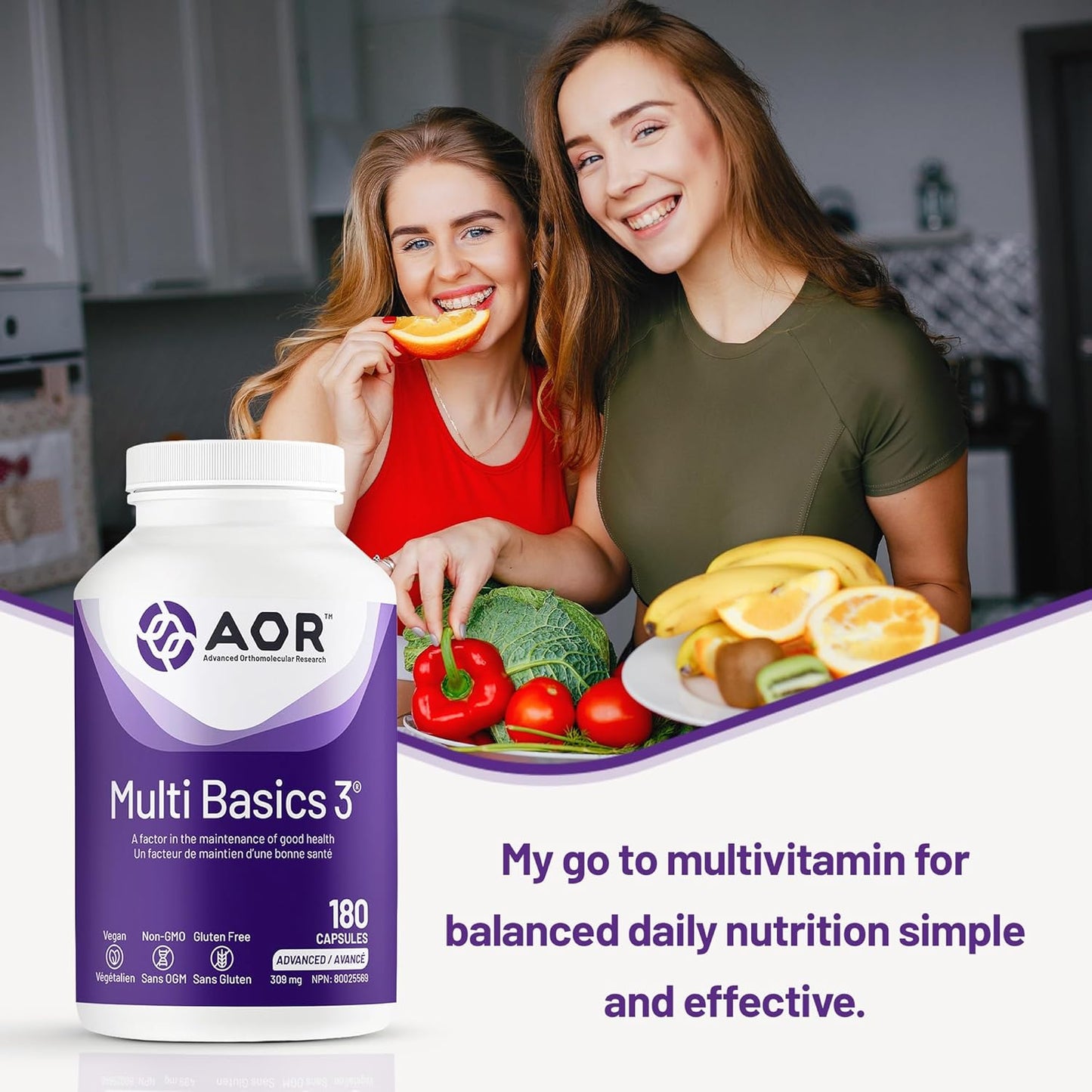 AOR 复合基础 3 309 毫克，180 粒胶囊，60 天用量 - 男女适用的综合复合维生素，无麸质，易于吞咽，无余味，成人每日必需维生素和矿物质补充剂