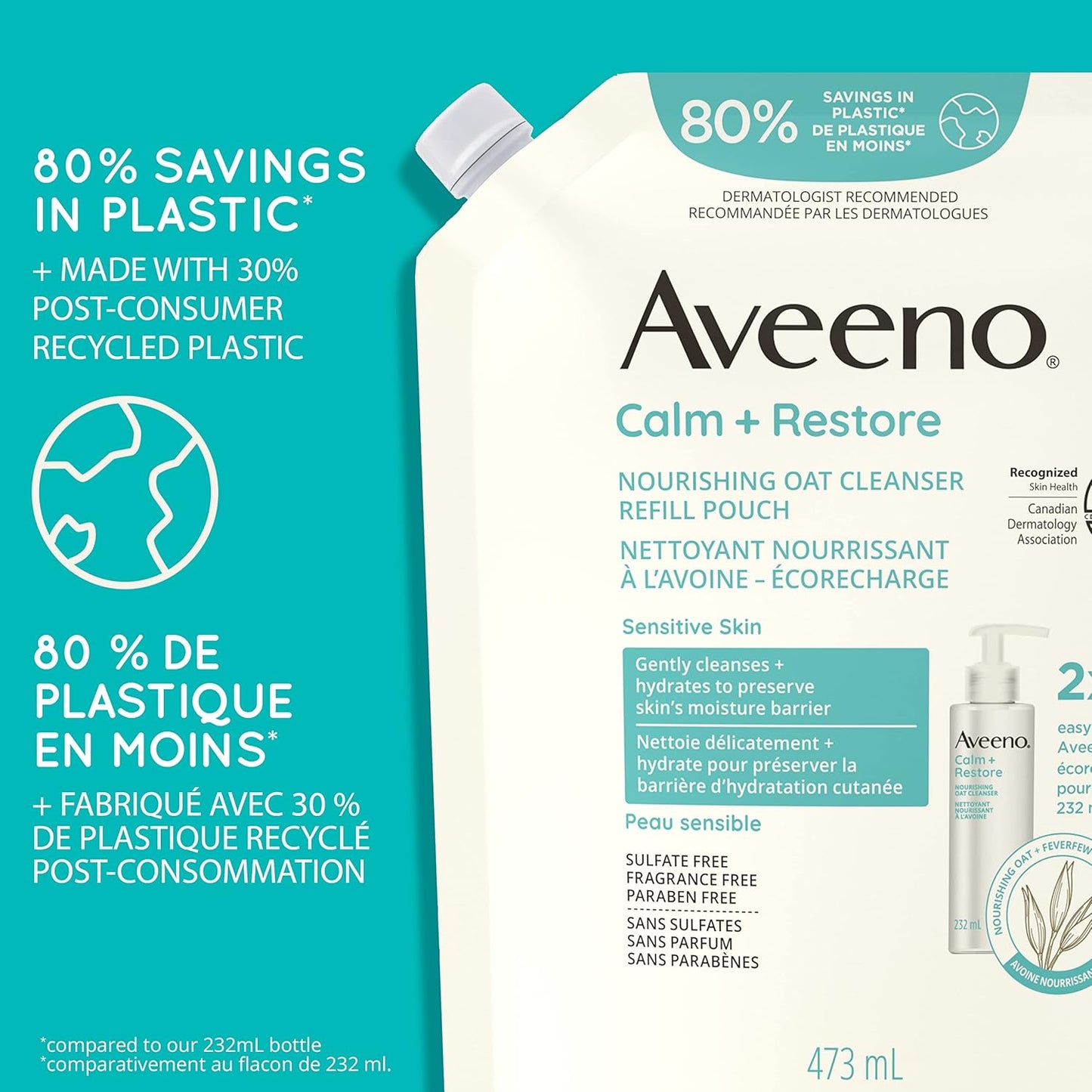 Aveeno Calm + Restore Nourishing Oat Facial Cleanser for Sensitive Skin, Gentle Gel Face Wash with Nourishing Oat & Calming Feverfew, Hypoallergenic, Fragrance- & Paraben-Free, 232mL (Packaging May Vary)