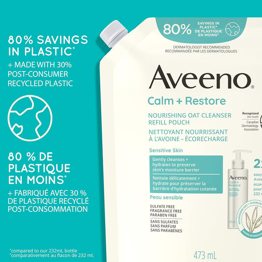 Aveeno Calm + Restore Nourishing Oat Facial Cleanser for Sensitive Skin, Gentle Gel Face Wash with Nourishing Oat & Calming Feverfew, Hypoallergenic, Fragrance- & Paraben-Free, 232mL (Packaging May Vary)