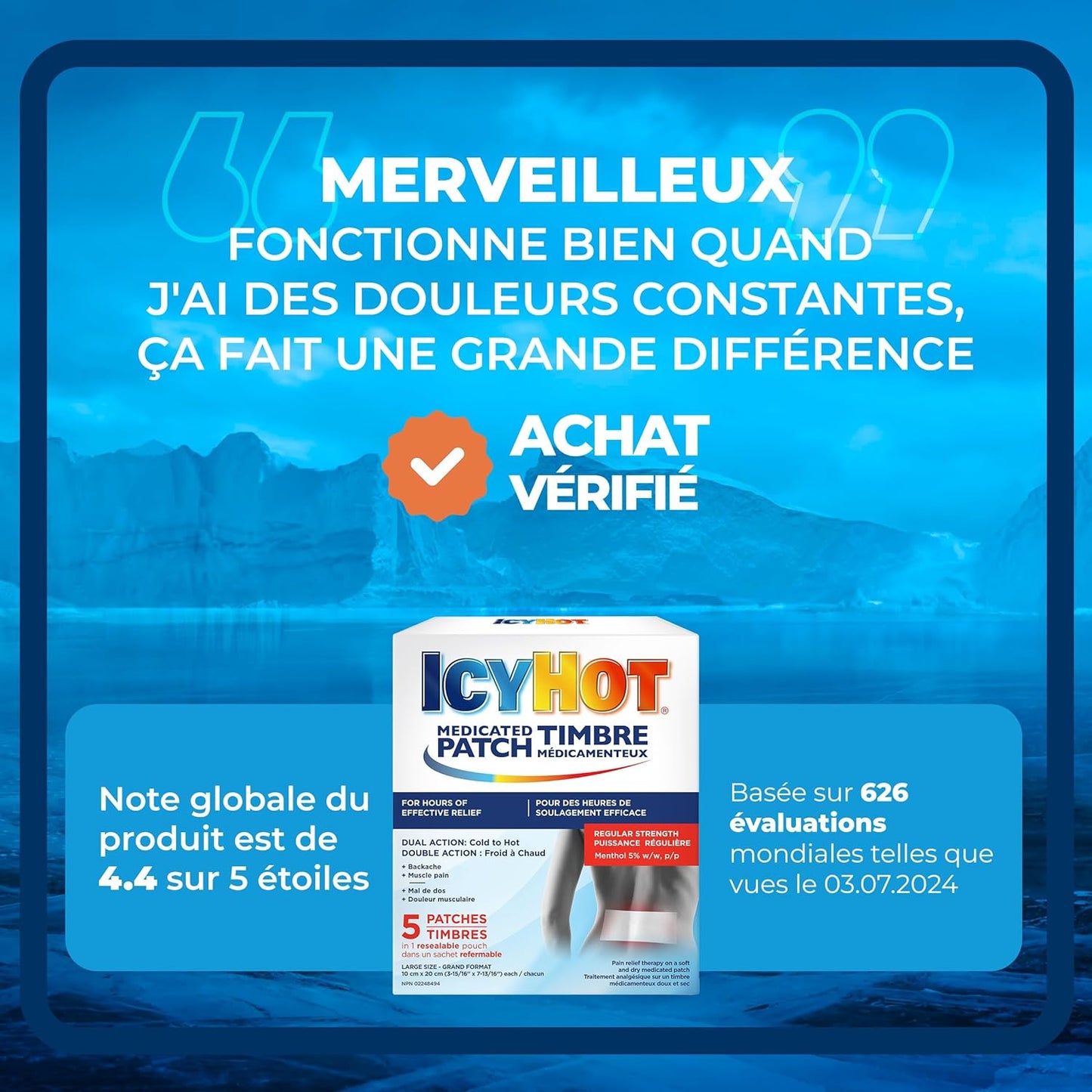 冰热药用止痛贴，缓解肌肉和关节疼痛，适用于简单的背痛、腰痛、关节炎、拉伤和扭伤，不含非甾体抗炎药，薄荷醇含量为 5%，5 片