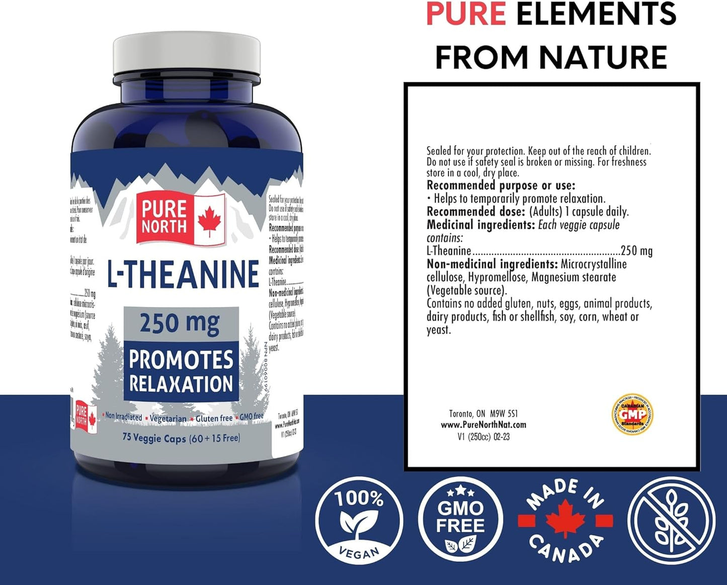 PURE NORTH NATURALS L-茶氨酸 250 毫克，75 粒素食胶囊，75 天用量 - 纯素、非转基因、无麸质，促进放松，增强认知功能 - 加拿大制造