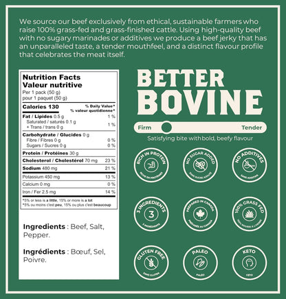 BETTER BOVINE Grass Fed Extra Lean Beef Jerky, Keto, Paleo, Low Carb, High Protein, Gluten Free, Sugar Free, Non-GMO, Nitrate Free, Preservative Free, No Antibiotics, No Added Hormones, 30g Protein, 0g Carbs, 130 Calorie…