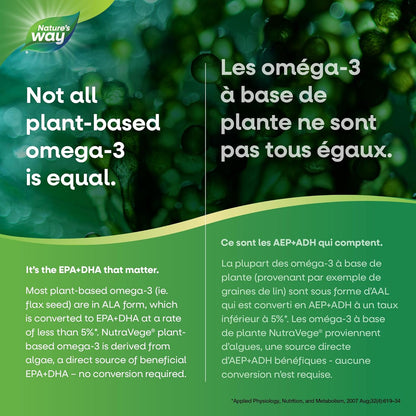 Nature's Way NutraVege 植物性 Omega-3 素食膠囊 - 適合素食主義者的 Omega-3 補充劑，含 300 毫克 EPA + 200 毫克 DHA - 清新薄荷口味 - 支持成人的心臟、眼睛和大腦功能，30 粒軟膠囊