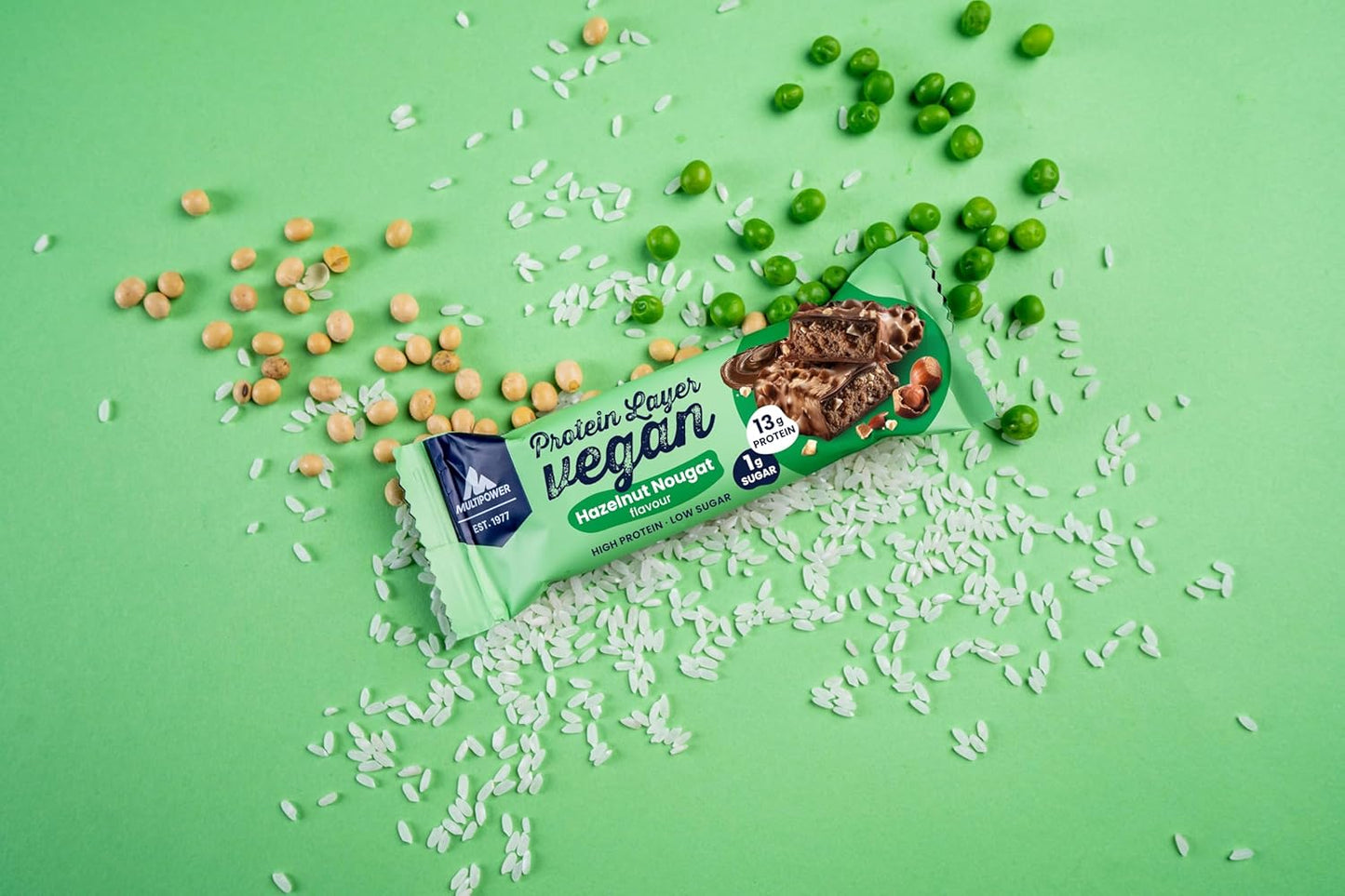 Multipower Vegan Protein Layer Hazelnut Bar Energy Bar with 24% Protein - Fitness Bar 15 x 55g - Vegan Protein Bar - Low Calorie Protein Bar with Hazelnut Flavour