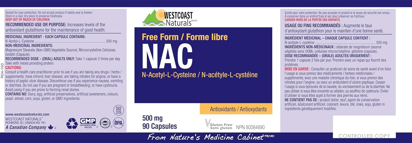 Westcoast Naturals 氨基酸 N-乙醯-L-半胱氨酸膠囊，500 毫克