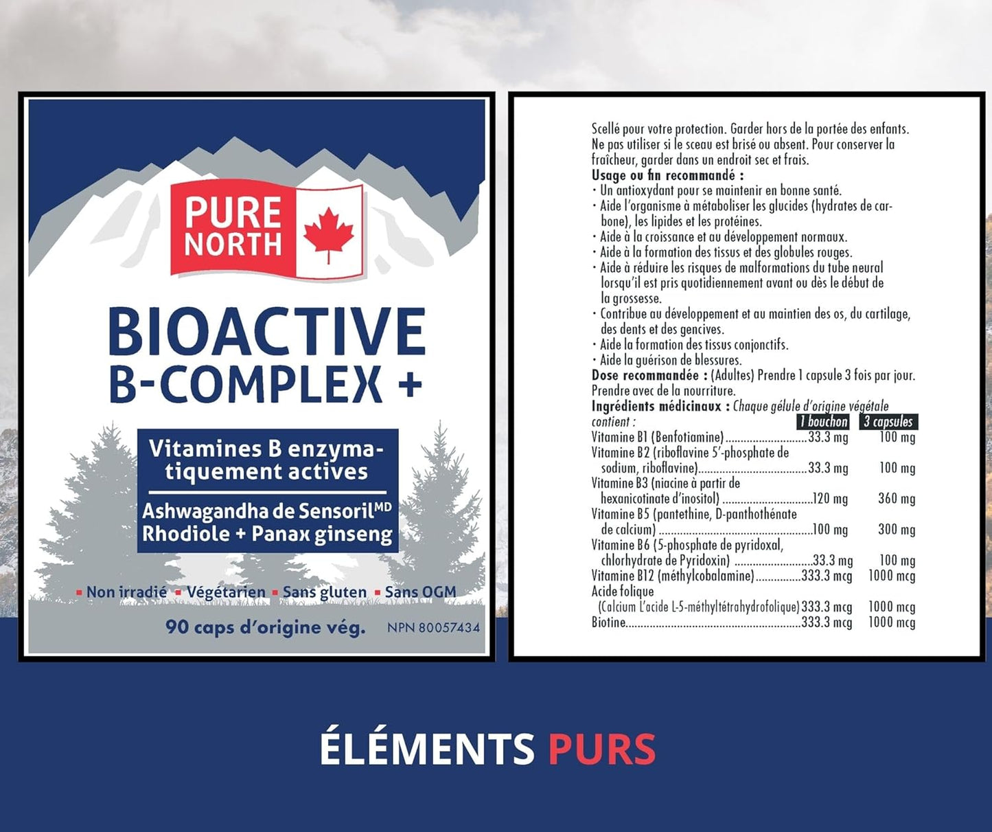 Pure North Naturals - 生物活性 B 族维生素补充剂 90 粒胶囊，30 天用量 - 酶活性 Sensoril 南非醉茄、红景天、人参 - 经第三方测试 - 加拿大配制和制造