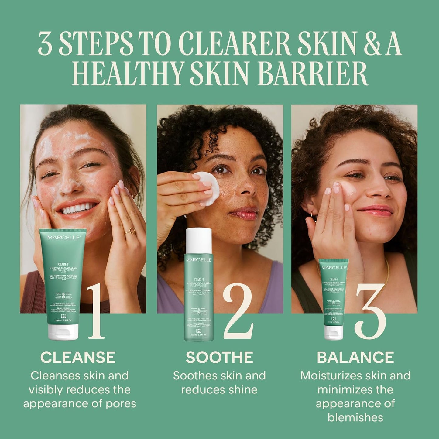 Marcelle Clari-T Skin Balancing Gel-Cream with 2% Salicylic Acid + Niacinamide, Face Moisturizer, Clarifying & Exfoliating, Vegan, Cruelty-Free, Hypoallergenic, Fragrance-Free, Non-Comedogenic, 40 mL