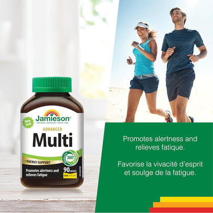Jamieson 高级复合维生素，能量补充，含 100 毫克天然咖啡因，支持免疫健康和整体健康。100% 完整维生素，含维生素 B12、锌、钙和镁，素食，每份一份……