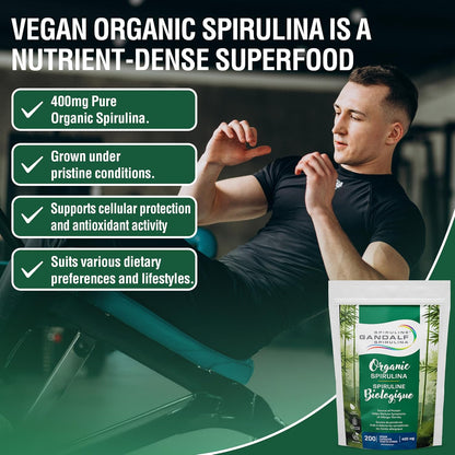 甘道夫加州純有機螺旋藻 400 毫克 200 粒素食膠囊 - 純素、非基因改造、無麩質 - 藍綠藻，富含鐵和抗氧化劑的營養豐富的超級食品，加州種植