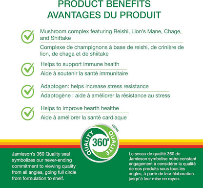 Jamieson Mushroom Complex, with Reishi, Lion's Mane, Chaga, Shiitake, and Garlic. Supports Immune Health, Energy, Resistance to Stress, and Heart Health, Non-GMO, Gluten-Free, 60 Capsules, Proudly Canadian