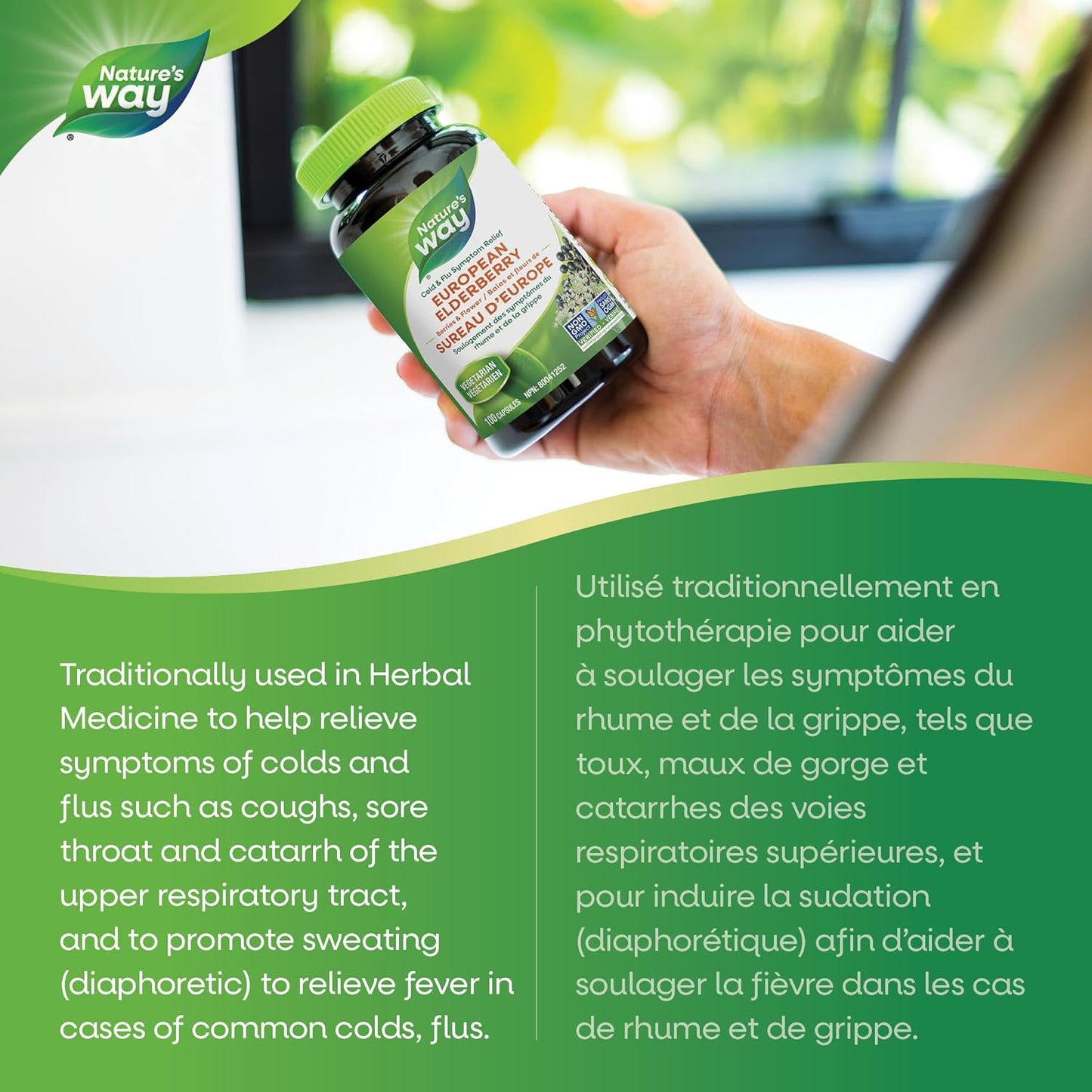 Nature's Way 欧洲接骨木胶囊 - 缓解感冒和流感症状 - 咳嗽、咽喉痛支持补充剂 - 接骨木浆果和花 - 非转基因认证 - 素食 - 成人和儿童适用 - 100 粒胶囊