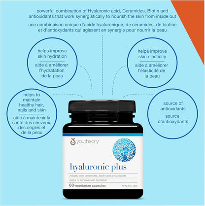 Youtheory 透明质酸加素食胶囊，60 粒，含神经酰胺、生物素和维生素 C。有助于改善皮肤保湿。