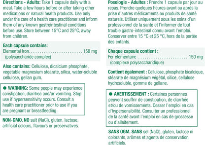 Jamieson 強效補鐵 150 毫克，有助於預防缺鐵，溫和呵護腸胃。非基因改造，無麩質，不含人工色素、香精或防腐劑，150 粒素食膠囊