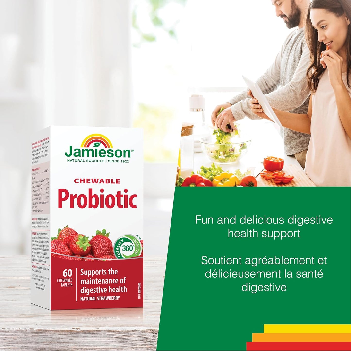 Jamieson 咀嚼益生菌，20 億個活性細胞，天然草莓口味，適合全家大小（3 歲以上），支持消化健康。 5 種獨特菌株，包括乳酸桿菌和雙歧桿菌，非基因改造，不含人工色素…