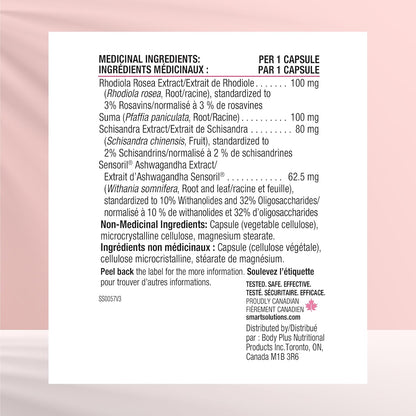 Smart Solutions Adrenasmart 素食胶囊，缓解压力症状，增强认知耐力和功能，并减轻疲劳。含 100 毫克红景天，不含麸质、大豆、人工防腐剂或甜味剂……