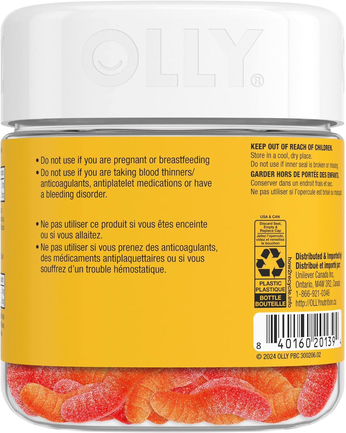 OLLY Hello Happy Gummy Worm 补充维生素 热带风味 混合维生素 D 和藏红花 30 天供应量 60 粒软糖