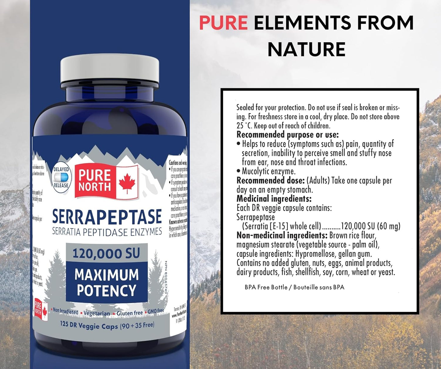 Pure North Naturals - Serrapeptase 沙雷氏菌肽酶 120000 SU 最大效力（90+35 粒胶囊）125 天供应 - 支持呼吸健康 - 经第三方测试 - 加拿大配制和制造
