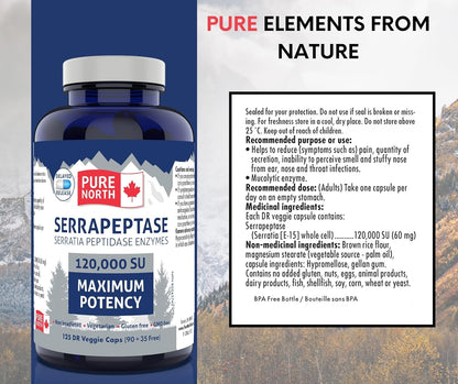 Pure North Naturals - Serrapeptase 沙雷氏菌肽酶 120000 SU 最大效力（90+35 粒胶囊）125 天供应 - 支持呼吸健康 - 经第三方测试 - 加拿大配制和制造