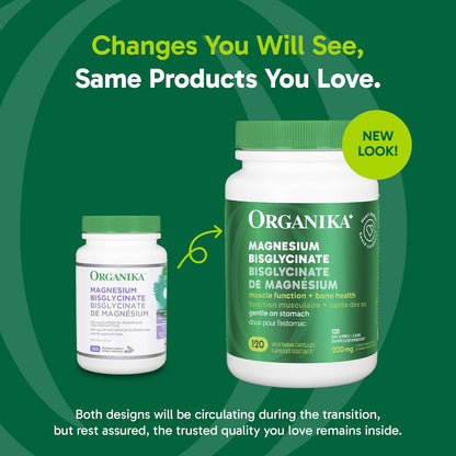 Organika 加拿大製造雙甘氨酸鎂 - 200 毫克，高吸收率，肌肉恢復，心臟支持，120 粒膠囊