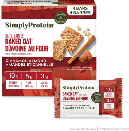 Simply Protein - 肉桂杏仁烤燕麦棒，4 条 - 植物蛋白棒 - 早餐棒 - 柔软耐嚼 - 10 克蛋白质、3 克糖、5 克纤维、190 卡路里 - 纯素、无麸质、非转基因、犹太洁食