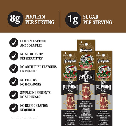 Country Prime Meats 照烧干腌意大利辣香肠条。100% 加拿大制造。高蛋白零食。不含亚硝酸盐，不含人工香料，天然烟熏，不含麸质。40克（25包）