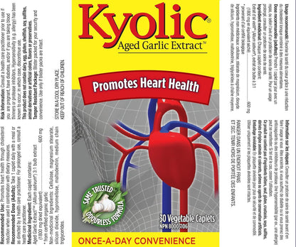 Kyolic - Kyolic Aged Garlic Extract 600mg, 30 Veg Caplets - Kyolic Cardiovascular Health, Cardio Heart Health, Immune System Support and Inflammation Supplements - Odorless Garlic Supplements