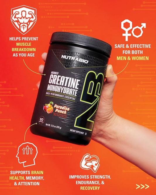 NutraBio Pure Micronized Creatine Monohydrate Powder Supplement,Paradise Punch Burst,(378g)