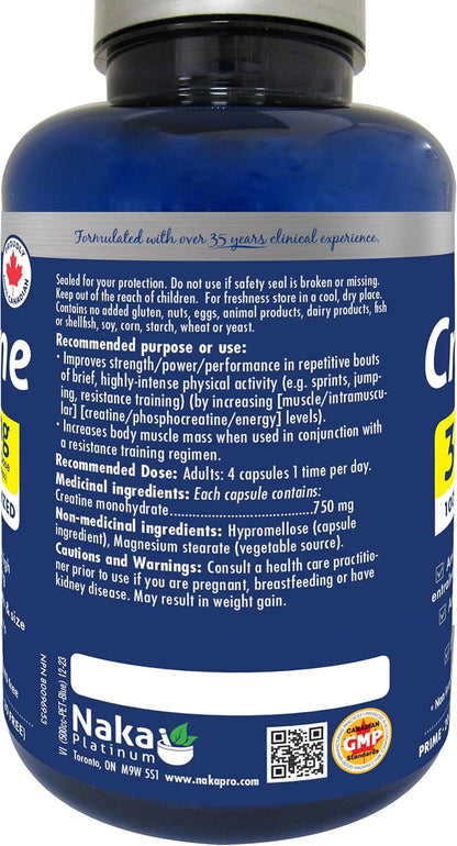 Naka Platinum Creatine 100% Pure Micronized Powder, 3000mg Per Dose, Faster Absorption - Supplement for Muscle Growth, Increased Strength, Enhanced Energy and Improved Athletic/Sports Performance, Made in Canada (200 vcaps)