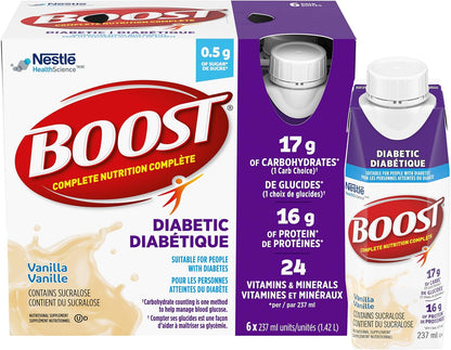 BOOST Diabetic Nutritional Supplement, Chocolate, 24 x 237 ml & BOOST Diabetic Nutritional Supplement, Strawberry, 24 x 237 ml & BOOST Diabetic Nutritional Supplement, Vanilla, 4 six-packs of 237ml