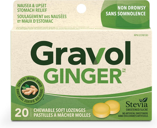 Gravol Ginger - Nausea and upset stomach relief with Organic ginger extract - Chewable, Great taste and Non-drowsy - 20 Lozenges (Pack of 1)