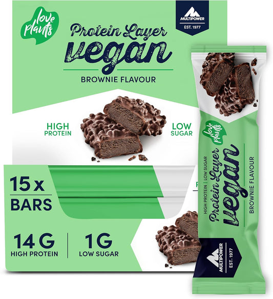 Multipower Vegan Protein Layer Bar - Brownie Flavor - Plant-Based High-Protein Snack - 55g Bars (15 Pack)