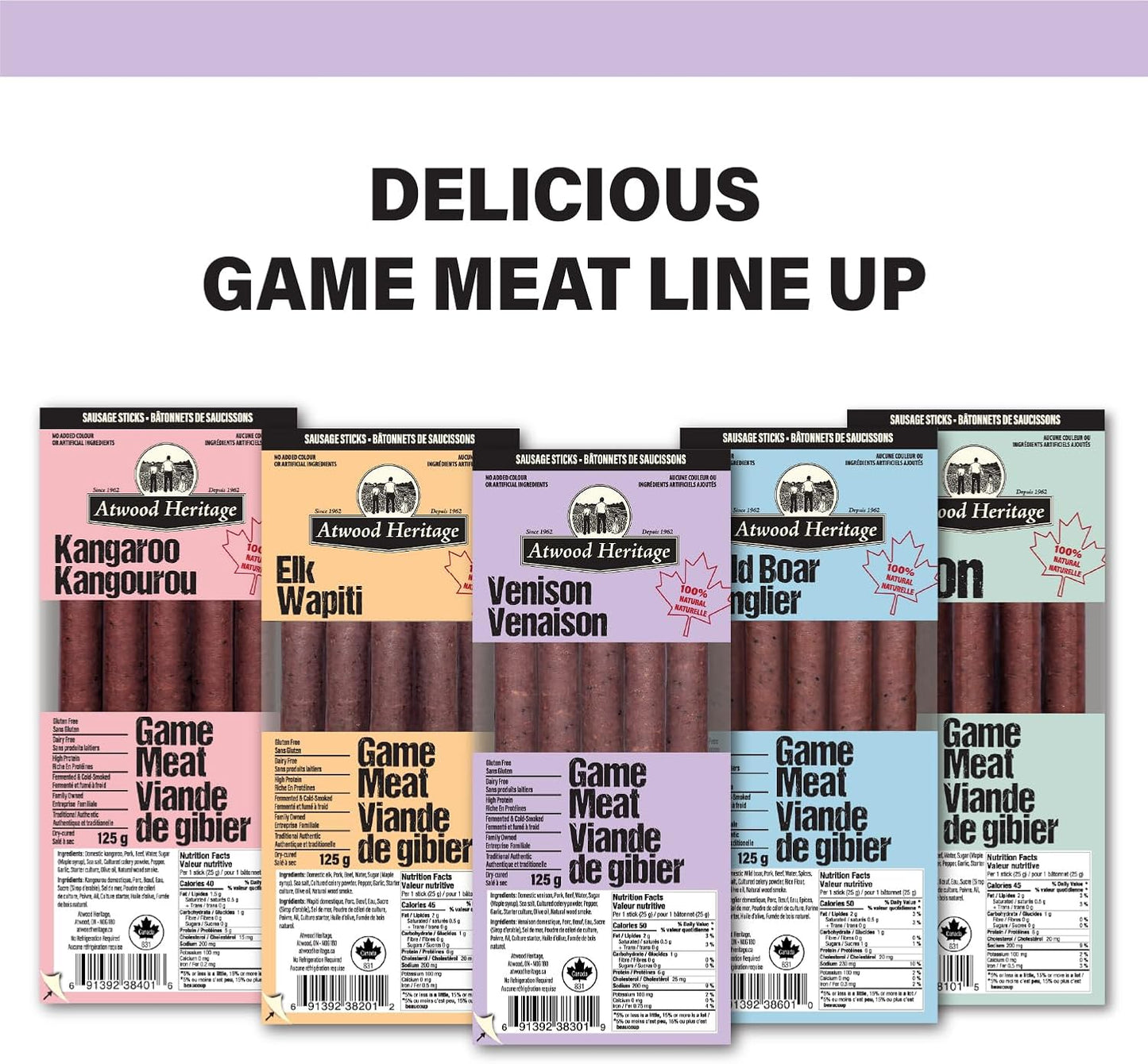 Atwood Heritage 鹿肉、豬肉和牛肉零食棒，5 根，125 克，高蛋白，無麩質，無硝酸鹽，加拿大製造