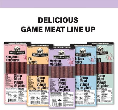 Atwood Heritage 鹿肉、豬肉和牛肉零食棒，5 根，125 克，高蛋白，無麩質，無硝酸鹽，加拿大製造
