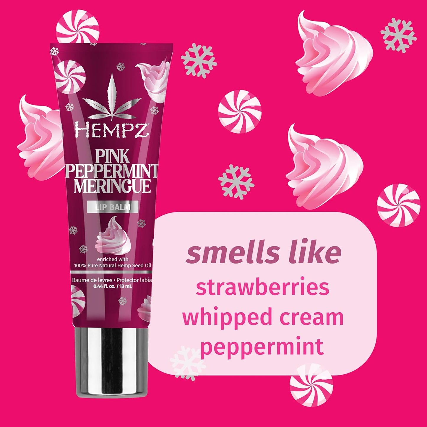 Hempz Pink Peppermint Meringue Lip Balm, Nourishing Lip Care, Limited Edition Gloss .44 fl.oz.