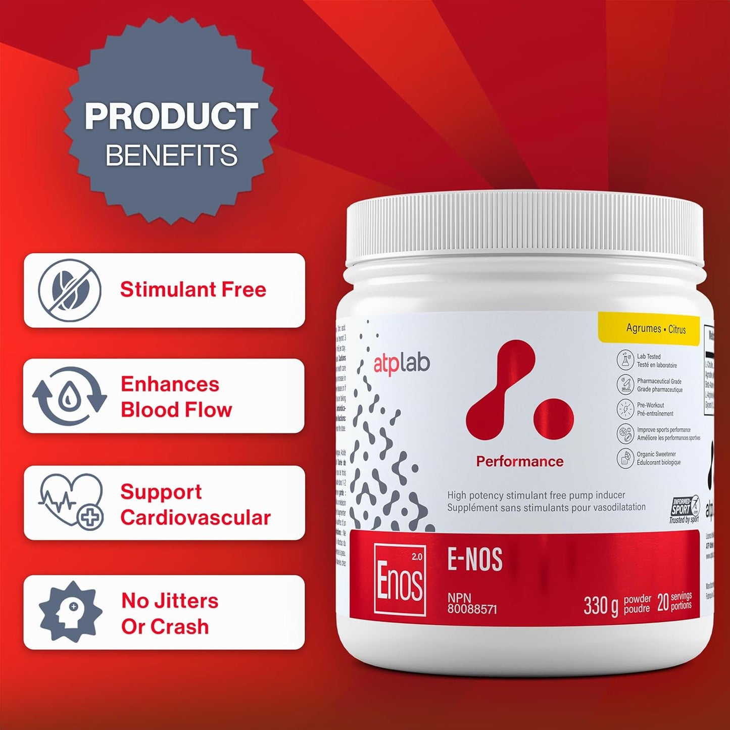 ATP LAB - E-Nos 330g Powder 20-Servings Citrus Flavour - Improve Sports Performance, Helps to Maintain and Support Cardiovascular Health - Pump Inducer and Pre Workout Powder
