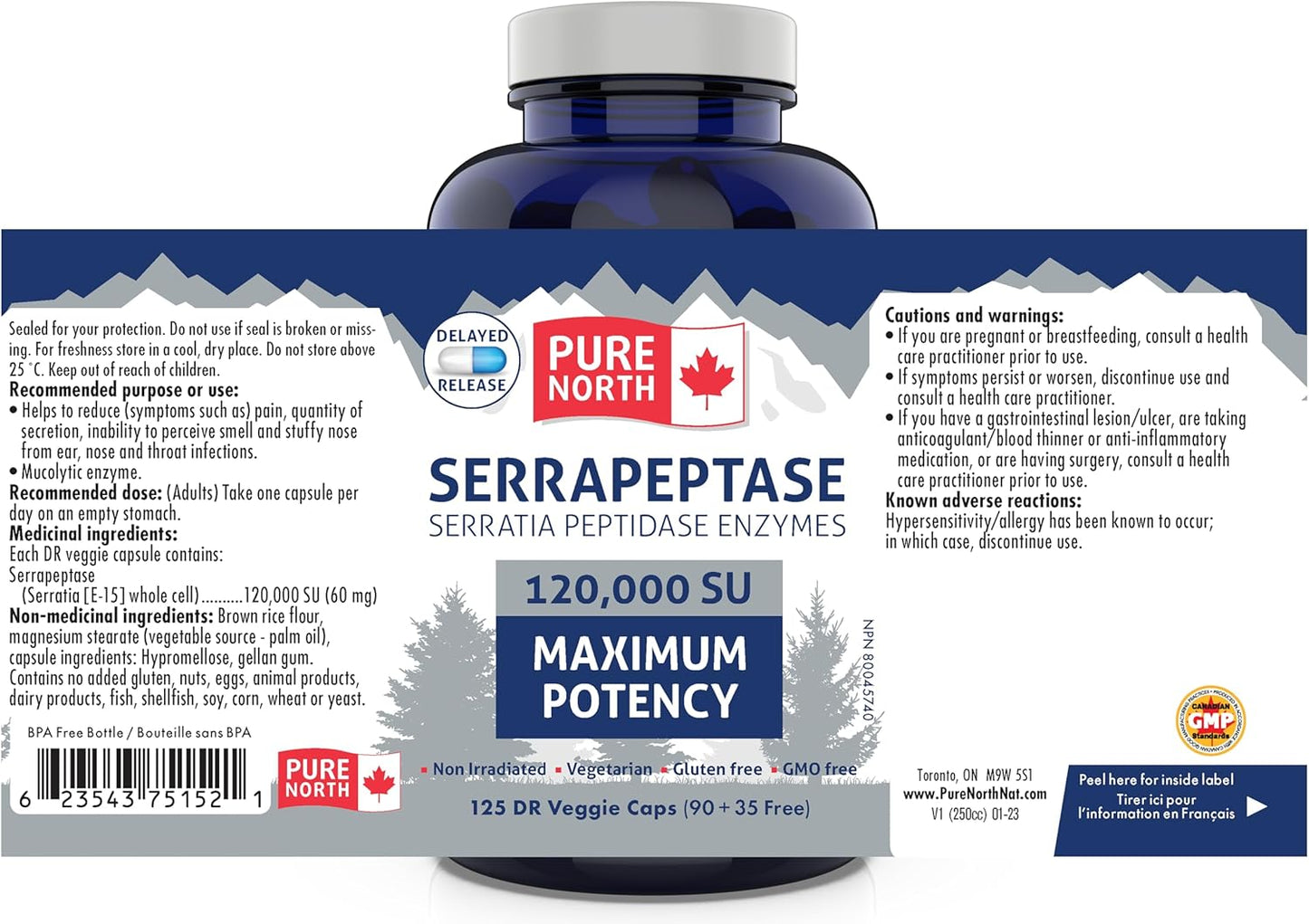Pure North Naturals - Serrapeptase 沙雷氏菌肽酶 120000 SU 最大效力（90+35 粒胶囊）125 天供应 - 支持呼吸健康 - 经第三方测试 - 加拿大配制和制造