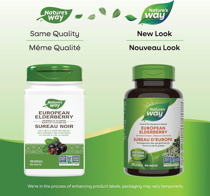 Nature's Way 欧洲接骨木胶囊 - 缓解感冒和流感症状 - 咳嗽、咽喉痛支持补充剂 - 接骨木浆果和花 - 非转基因认证 - 素食 - 成人和儿童适用 - 100 粒胶囊