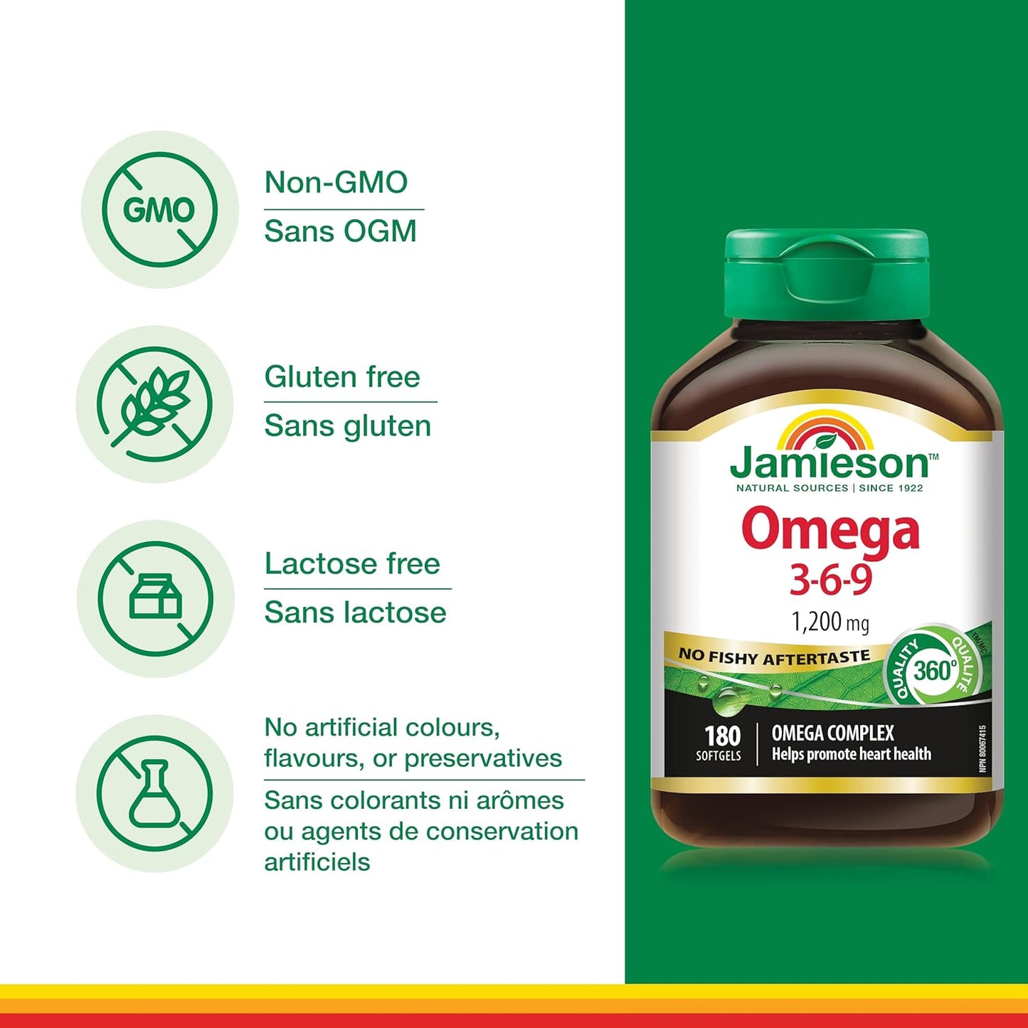 Jamieson Omega-3-6-9 1200 毫克，無魚腥味，魚油、琉璃苣油和亞麻籽油。支持心臟和大腦健康，富含 EPA、DHA 和 ALA，非基因改造，無麩質，180 粒軟膠囊，加拿大製造